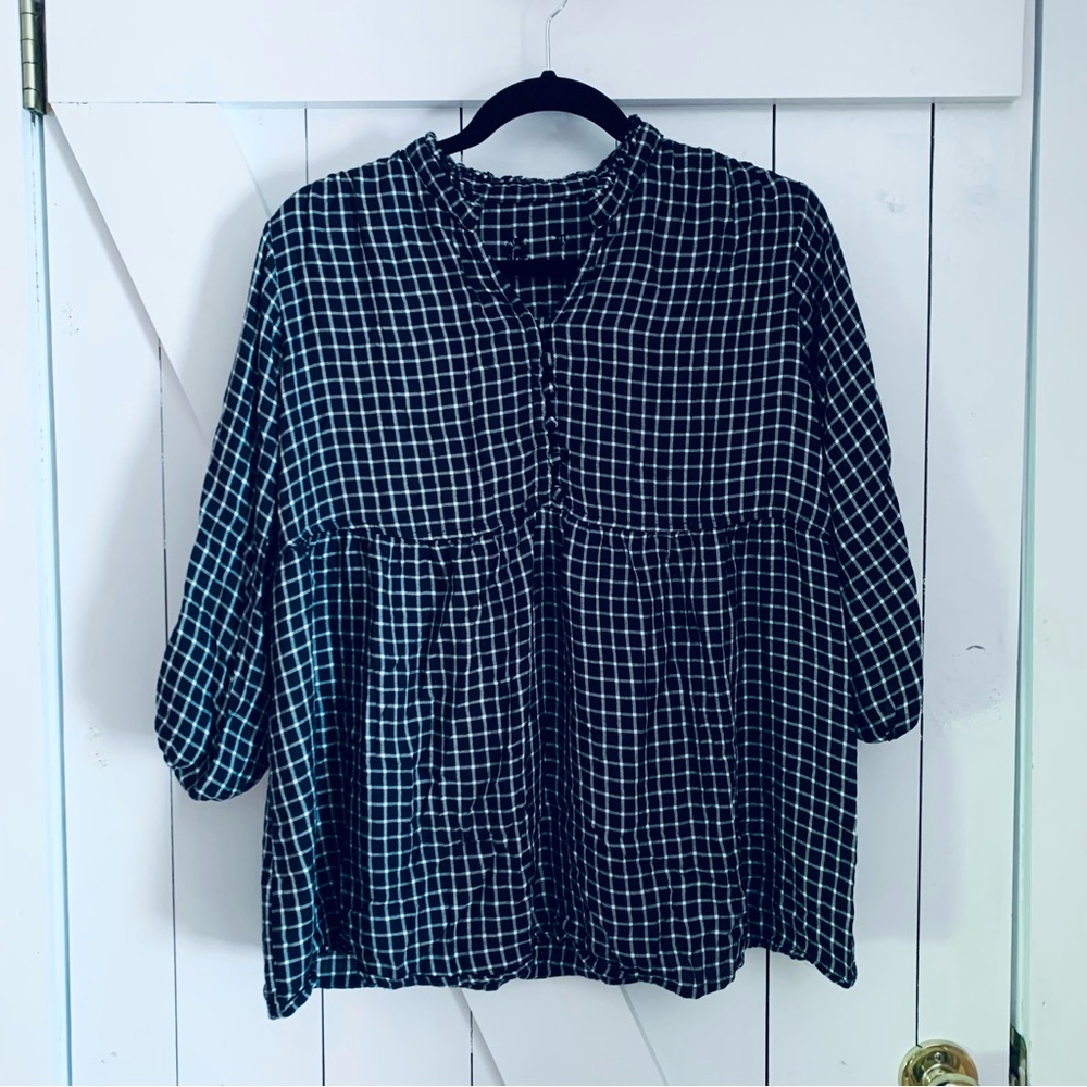 Black and White Gingham Peasant Blouse 3/4 Sleeve Button Down Ruffle Collar Boho